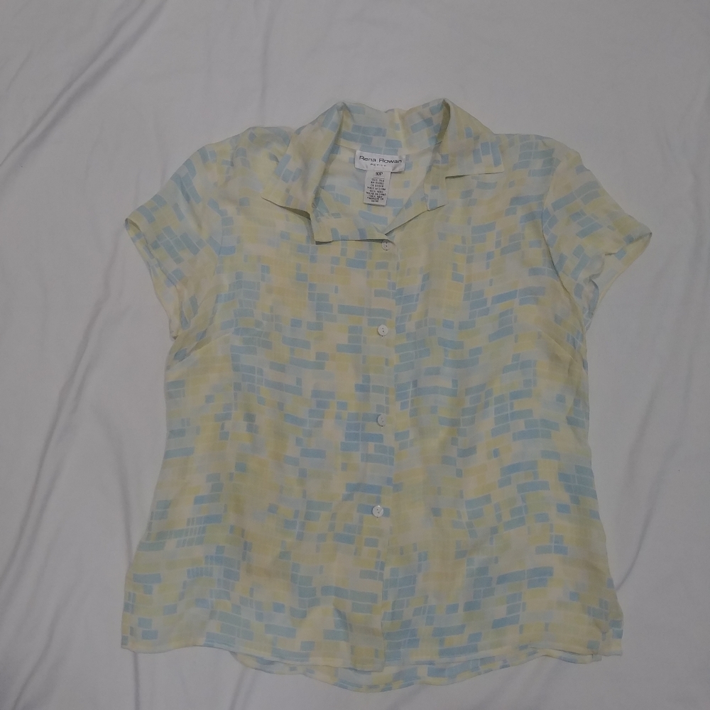 Rena Rowan VTG 10P Modern 6/8P? Pastel Blue Green 100% Silk Sheer Button Up